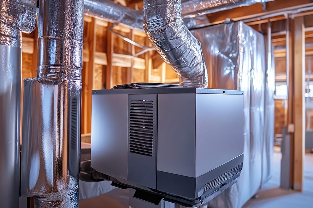 dehumidifier and duct system in basement