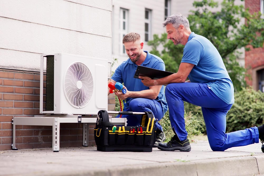 two men checking the installation of a heat pump