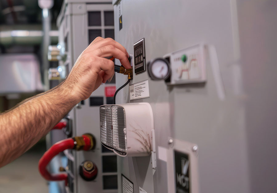Technician adjusting controls on newly installed air handler system