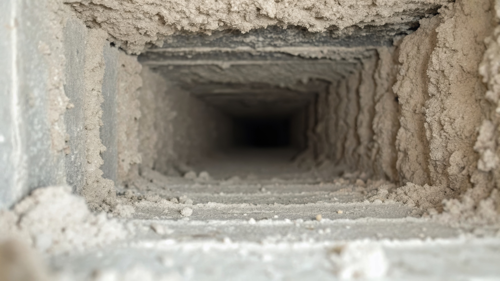 Dust and debris inside air duct before professional cleaning service